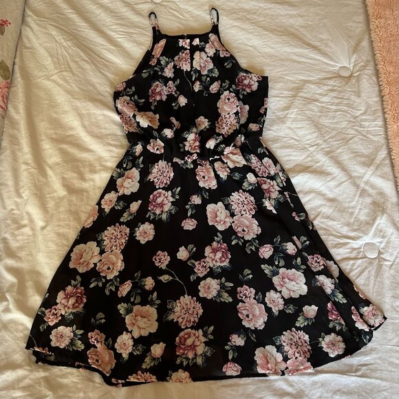 Francesca's Black and Pink Floral Blue Rain Dress - Picture 4 of 6
